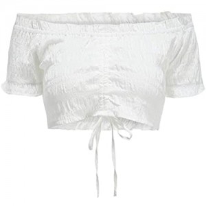 DERFX Weinlese Weg von der Schulter mit Rüschen besetzten Tank Tops Weiblicher Sommer-beiläufigen weißen elastischen Kordelzug Crop Tops for Frauen Kleidung Für Frauen (Color : White Size : L)