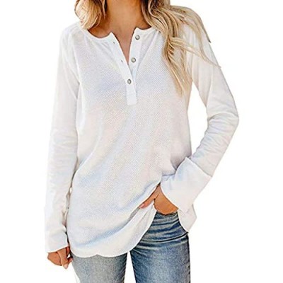 Voicry Frauen Lose Solide Langarm V-Ausschnitt Knopf Bluse T-Shirt Pullover Tops