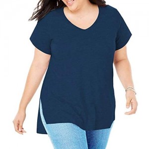 yazidan Frauen Plus Size Casual Kurzarm Shirt mit V-Ausschnitt Loose Slit Shirt Beiläufige Solide T-Shirt Oberteil Tops Blusen Große Größe
