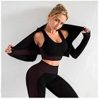 JINSUO Damen Seamless Fitness Set Langarm T-Shirt Gym Wear Sport BH Elastische Running Leggings Hohe Taille Training Yoga Hose (Farbe: Khaki Größe: L)