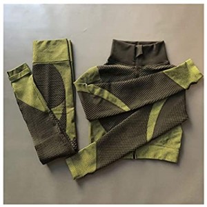 JINSUO Nahtloses Fitness-Set für Damen langärmeliges T-Shirt Sport-BH elastische Lauf-Leggings hohe Taille Trainings-Yogahosen (Farbe: grünes Hemd-Sets Größe: L)