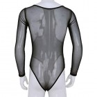 FEESHOW Herren sexy Body durchsichtiges Netz Bodysuit High Cut Männer Langarm Mesh Jumpsuit Hemd Unterhemd Ganzkörper Nachtwäsche Dessous