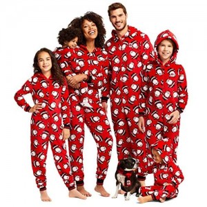 Jumpsuit Overall Pyjamas Set Familien Santa Einteiler Schlafanzug Reißverschluss Onesie Nachtwäsche mit Kapuze Schlafoverall Anzug für Weihnachten Neujahr