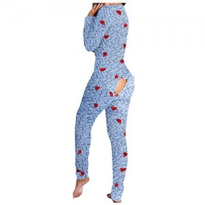 Linkay Jumpsuit Damen Einteiler Pyjama Langarm Schlafanzug Mädchen V-Ausschnitt Functional Buttoned Flap Overall Strampler Nachtwäsche Schlank Trainingsanzug Hausanzug