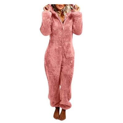 SHINEHUA Damen Schlafanzug Jumpsuit Teddy Fleece Reißverschluss Einteiler Overall mit Kapuze Warme Weich Flauschig Onesie Pyjama