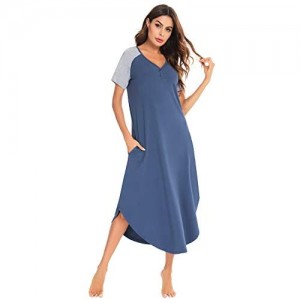 Aibrou Damen Nachthemd Nachtkleid Baumwolle Nachtwäsche Kurzarm Sommer Freizeitkleid Negligee Sleepshirt Sleepwear mit V-Ausschnitt