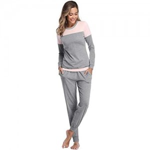 Aibrou Damen Patchwork Lange Zweiteilige Schlafanzug Rundhals Pyjama Set Langarm Shirt und Hose Schwarz L