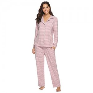 Aibrou Damen Schlafanzug Pyjama Lang Baumwolle Winter Warm Nachtwäsche Sleepwear mit Knöpfeleiste und Streifen