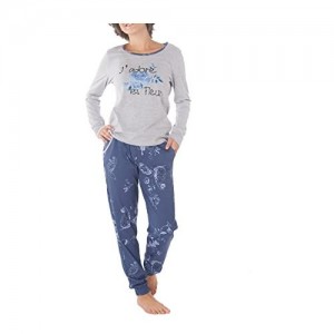Damen Pyjama Schlafanzug Baumwolle Langarm SUN8 blau