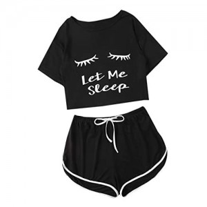 DIDK Damen Kurz Schlafanzug Pyjama Set Cartoonmuster Top und Short Zweiteilig Sleepwear Sommer Hausanzug
