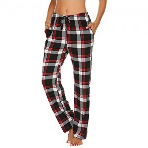 Schlafanzughose Damen Lang Pyjamahosen Schlafanzug Karierte Hose Nachtwäsche Freizeithosen Schlafhose mit Elastischer Taille Taschen