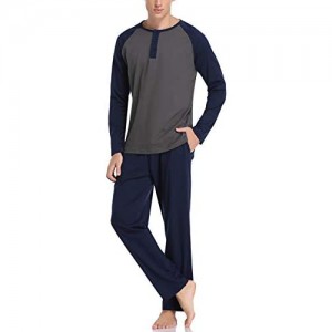 Hawiton Schlafanzug Herren lang Zweiteiliger Pyjamas Rundhals Baumwolle Nachtwäsche Sleepwear für Männer
