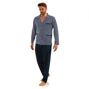 Sesto Senso® Herren Schlafanzug Lang Pyjama mit Knopfleiste 100% Baumwolle Knöpfe Langarm Shirt mit Taschen Pyjamahose Zweiteilig Set Nachtwäsche