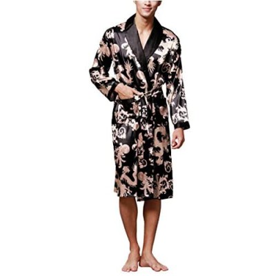 Westkun Herren Morgenmantel Kimono Bademantel Satin Lang Nachtwäsche Robe Gedruckt Strickjacke Japanische Pyjamas Nachtwäsche V Ausschnitt mit Taschen und Gürtel