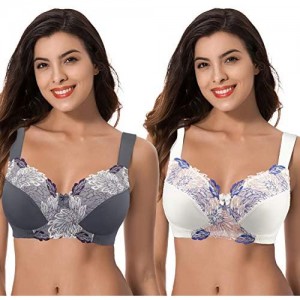 Curve Muse Women's Plus Size Minimizer Wireless Unlined Bra with Embroidery Lace-2Pack-BUTTERMILK GRAY-34DDDD