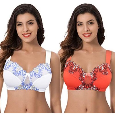 Curve Muse Women\'s Plus Size Minimizer Wireless Unlined Bra with Embroidery Lace-2Pack-BUTTERMILK Cherry TOMATO-40DDDD-V2