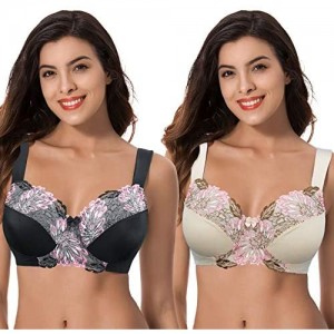 Curve Muse Women's Plus Size Minimizer Wireless Unlined Bra with Embroidery Lace-2Pack-BLACK NUDE-40DDDD-V2