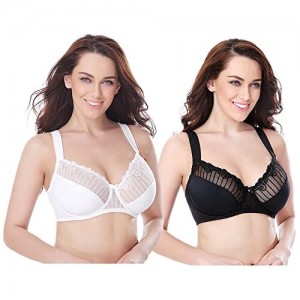 Curve Muse Womens Plus Size Minimizer Underwire Bra with Lace Embroidery-2 Pack-Butter Milk Black-36DDDD